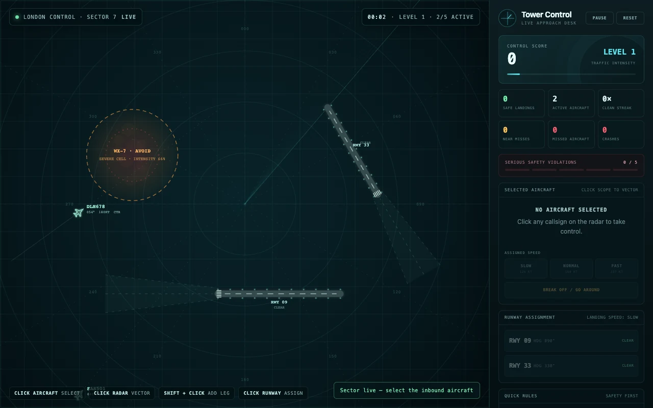GPT-5.6 Sol output showing a sector radar, aircraft tracks, weather hazard, runway, and operational side panels.